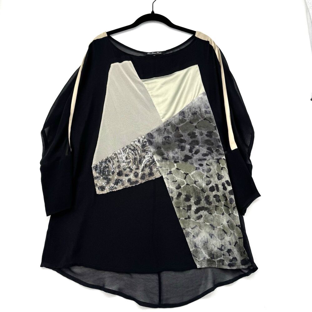 Bleu Blanc Rouge Abstract Patchwork Top Sheer Overlay Mixed Print Lagenlook Sz L
